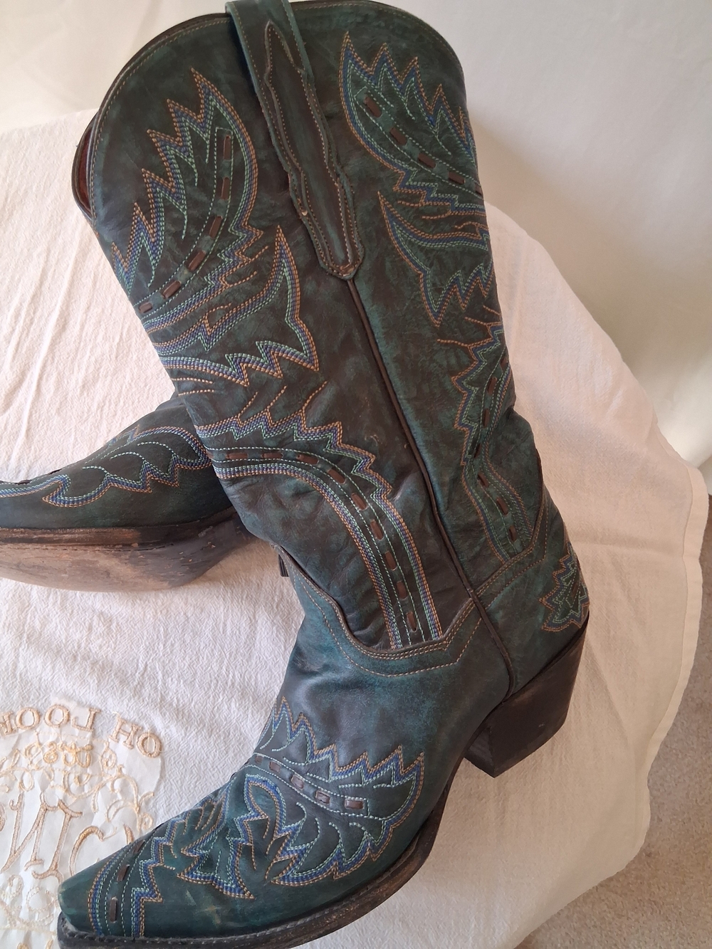 Teal Embroidered Western Heeled Boots